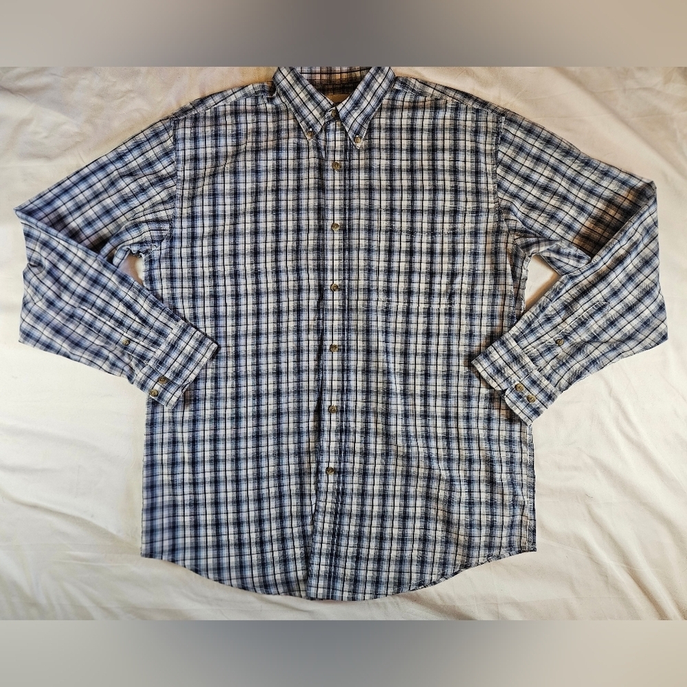 Wrangler Riata Mens Blue And Whote Plaid Long Sleeve Button Up Shirt Size XL